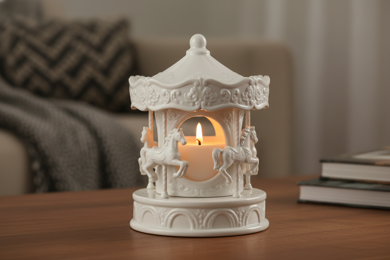 schöne weißes Porzellan in karusselform mit Pferden drauf - innendrin Wachs mit Docht und Feuer